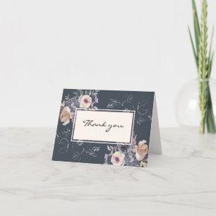 Elegant Blush Cream Floral Navy Background Wedding Letterpress Thank You Card