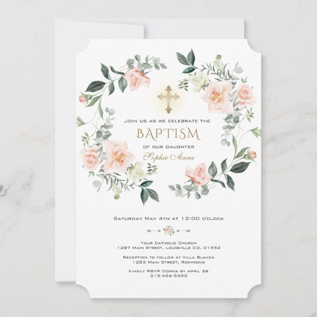 Elegant Blush Cream Flowers Wreath Gold Baptism Invitation (Front)