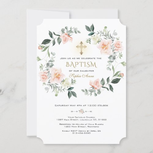 Elegant Blush Cream Flowers Wreath Gold Baptism Invitation