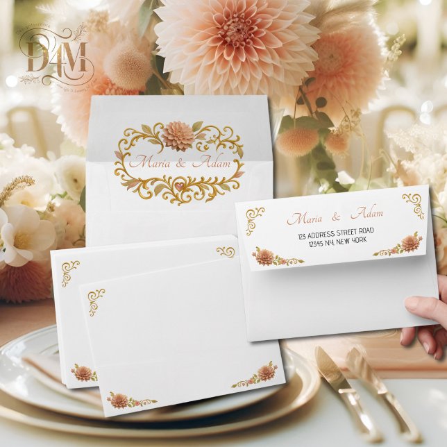 Elegant Blush Dahlias Golden Script Wedding  Envelope (Creator Uploaded)