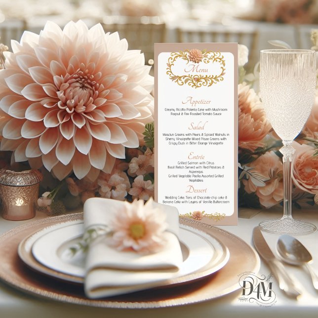 Elegant Blush Dahlias Golden Script Wedding Menu (Creator Uploaded)