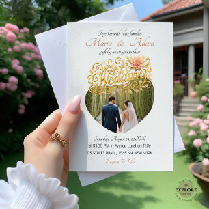 Elegant Blush Dahlias Golden Script Wedding Photo Invitation