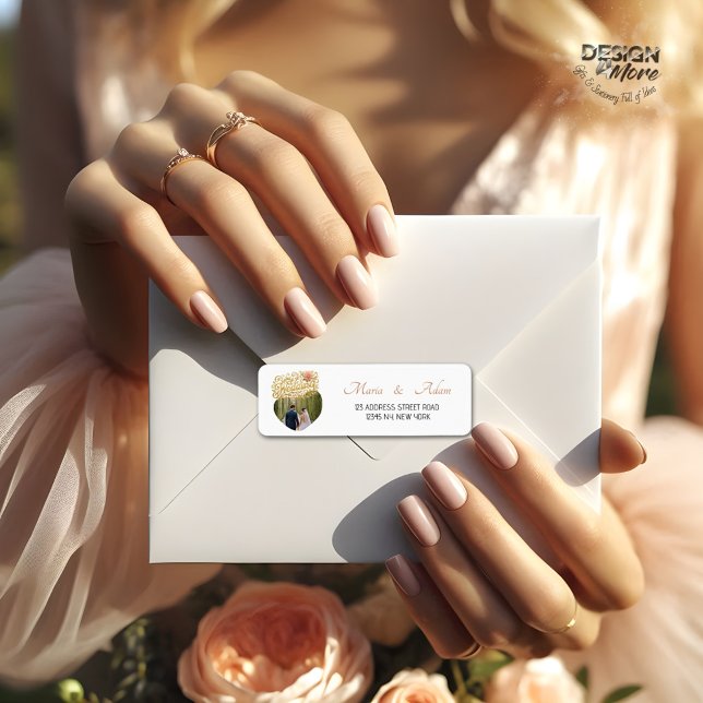 Elegant Blush Dahlias Golden Script Wedding Photo Label (Creator Uploaded)