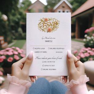 Elegant Blush Dahlias Golden Script Wedding RSVP Card