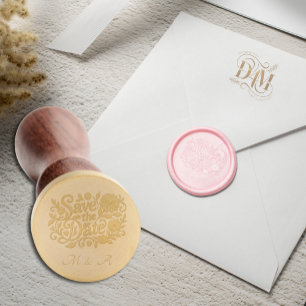 Elegant Blush Dahlias Golden Script Wedding Wax Seal Stamp