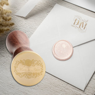 Elegant Blush Dahlias Golden Script Wedding Wax Seal Stamp