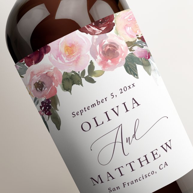 Elegant Blush & Deep Red Floral Wedding | Romantic Wine Label (Creator Uploaded)