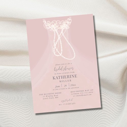 Elegant Blush Dress Ruffles Pearls Bridal Shower Invitation