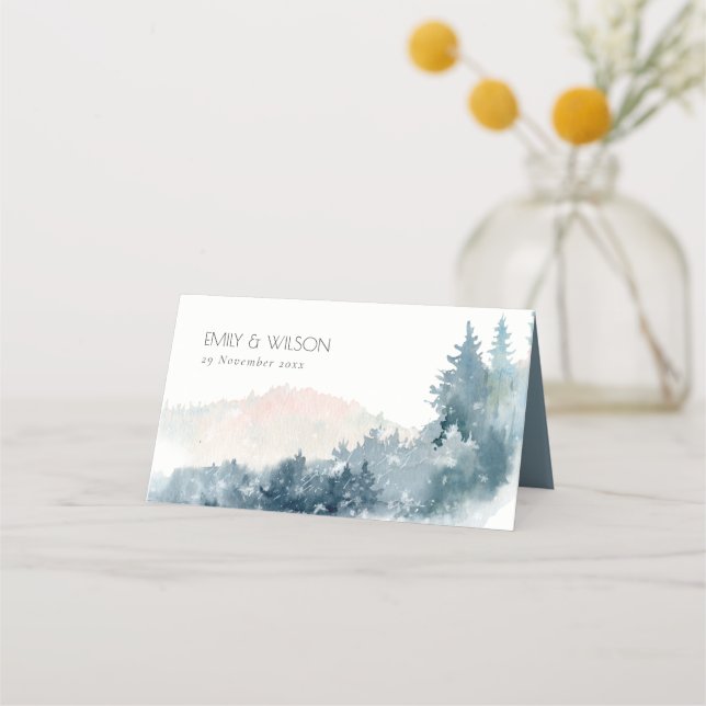 ELEGANT BLUSH DUSKY BLUE MOUNTAINS PINE WEDDING PLACE CARD (Back)