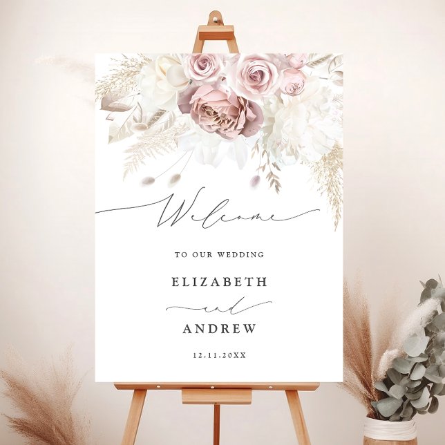 Elegant Blush Dusty Rose Floral Wedding Welcome Foam Board (Creator Uploaded)