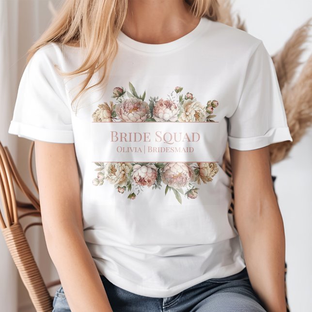 Elegant Blush Dusty Rose Peonies Bridal Squad T-Shirt (A young blond woman wearing an Elegant Blush Dusty Rose Peonies Bridal Squad T-Shirt.)