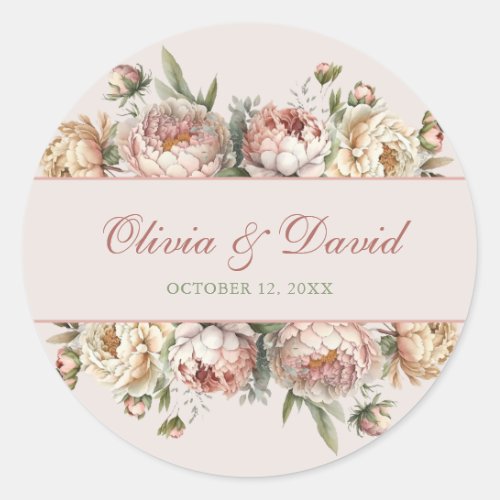 Elegant Blush Dusty Rose Peonies Classic Round Sticker