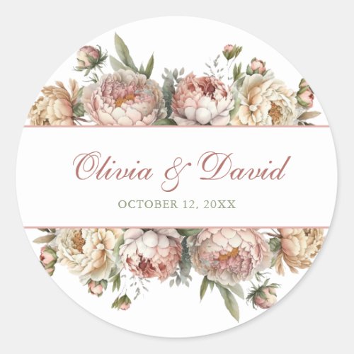 Elegant Blush Dusty Rose Peonies Classic Round Sticker