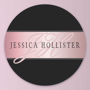 Elegant Blush Faux Rose Gold Name & Initials Classic Round Sticker