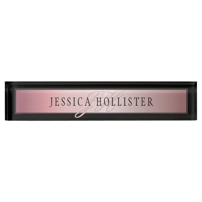 Elegant Blush Faux Rose Gold | Name & Initials Desk Name Plate (Front)