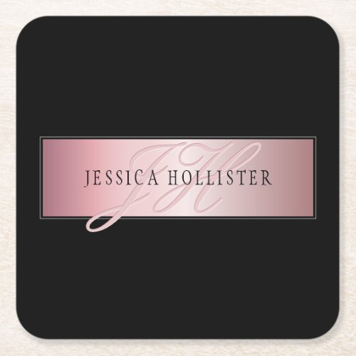 Elegant Blush Faux Rose Gold  Name  Initials Square Paper Coaster
