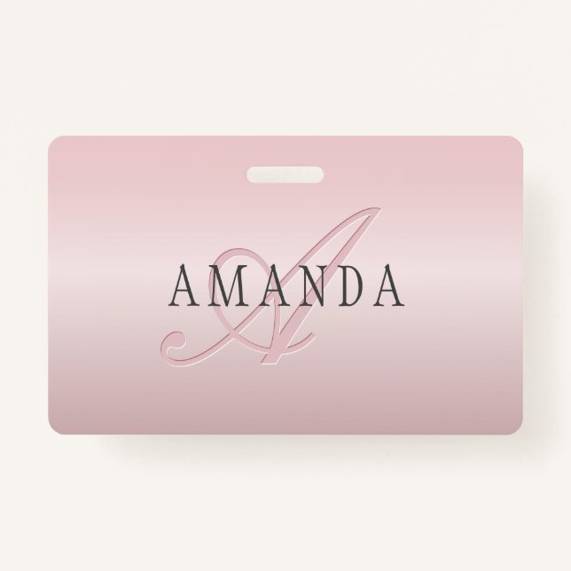 Elegant Blush Faux Rose Gold | Name & Monogram Badge (Front)