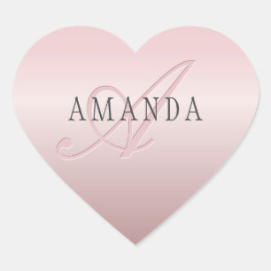 Elegant Blush Faux Rose Gold Name & Monogram Heart Sticker