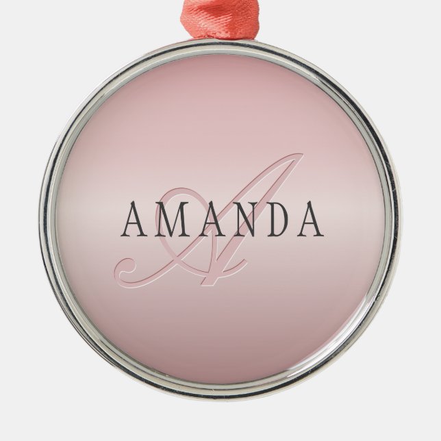 Elegant Blush Faux Rose Gold | Name & Monogram Metal Ornament (Front)