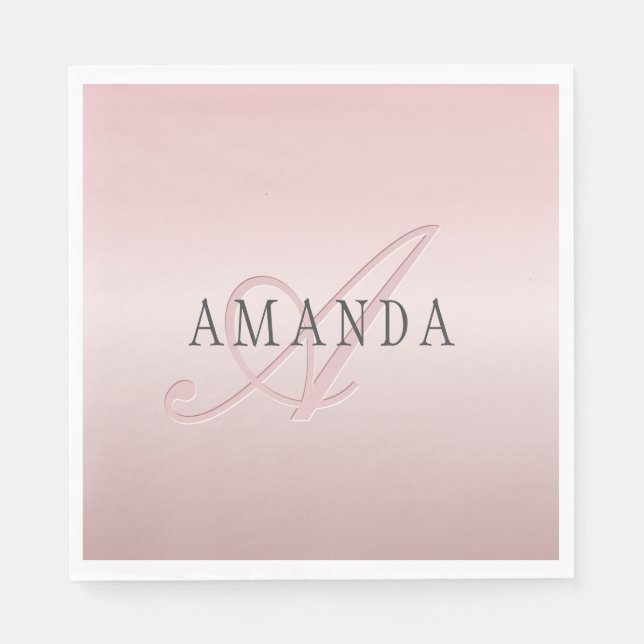 Elegant Blush Faux Rose Gold | Name & Monogram Napkins (Front)