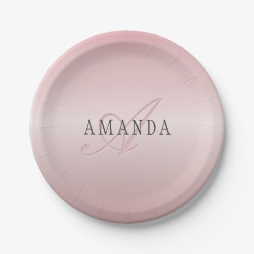 Elegant Blush Faux Rose Gold  Name  Monogram Paper Plates