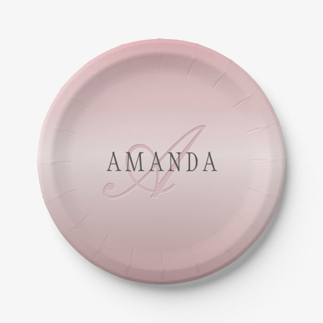 Elegant Blush Faux Rose Gold | Name & Monogram Paper Plates (Front)