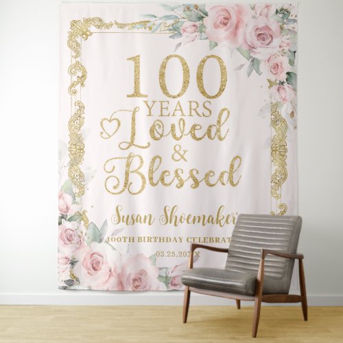 Elegant Blush Floral 100th Birthday Loved Blessed Tapestry