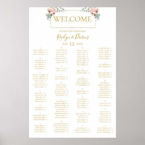 Elegant Blush Floral  Alphabetical Seating Chart