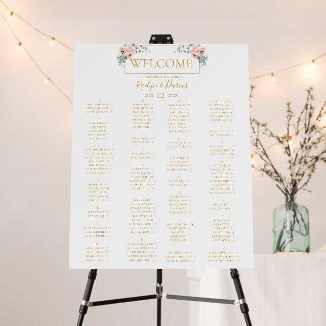 Elegant Blush Floral | Alphabetical Seating Chart Foam Board (In Situ (Stand))