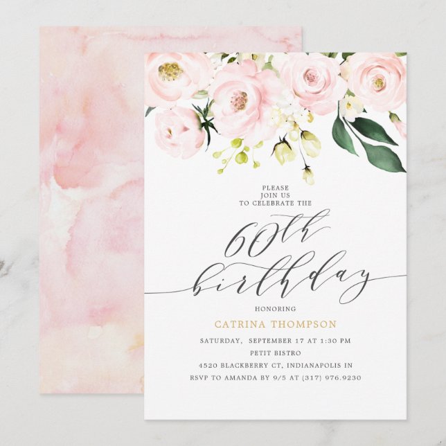 Elegant  Blush Floral and Eucalyptus 60th Birthday Invitation (Front/Back)
