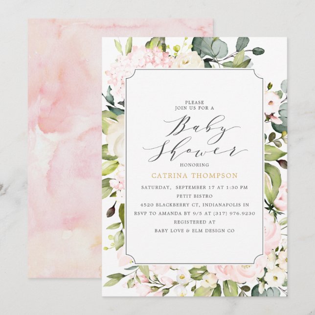 Elegant  Blush Floral and Eucalyptus Baby Shower Invitation (Front/Back)