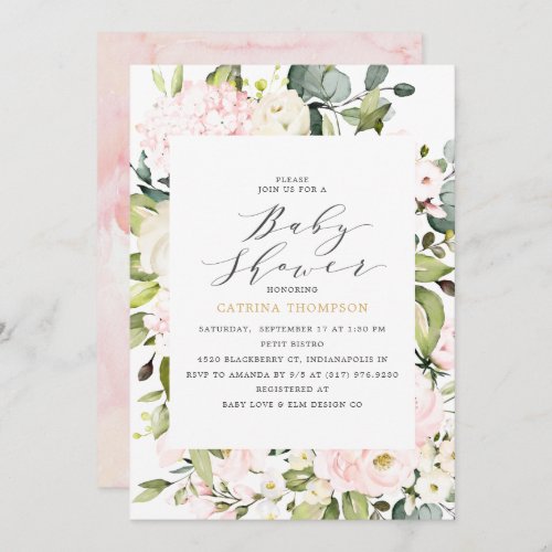 Elegant  Blush Floral and Eucalyptus Baby Shower Invitation