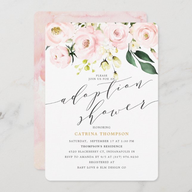 Elegant  Blush Floral and Greenery Adoption Shower Invitation (Front/Back)