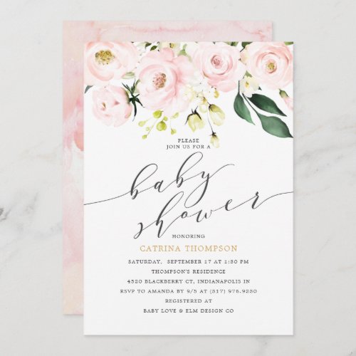 Elegant  Blush Floral and Greenery Baby Shower Invitation