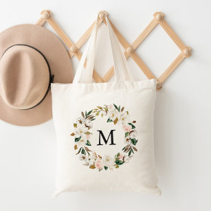 Elegant Blush Floral and White Magnolias Monogram Tote Bag