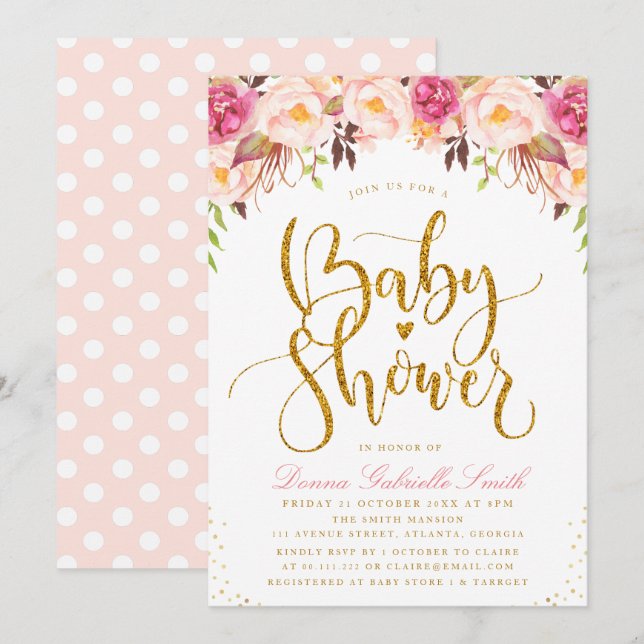 Elegant blush floral Baby shower invitation (Front/Back)