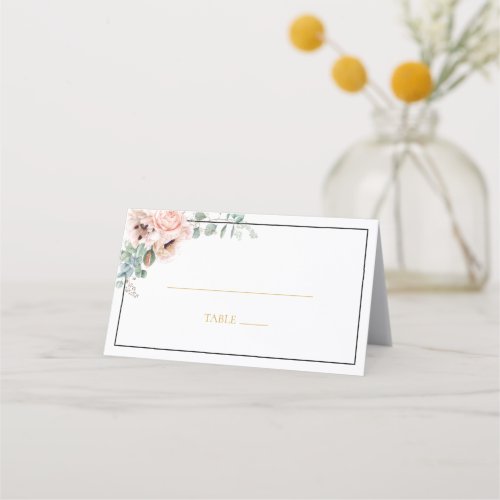 Elegant Blush Floral  Black Frame Folded Place Card