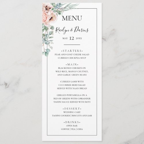Elegant Blush Floral  Black Frame Wedding Dinner Menu