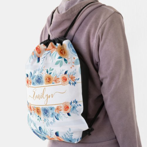 Elegant Blush Floral Boho Custom Name Drawstring Bag