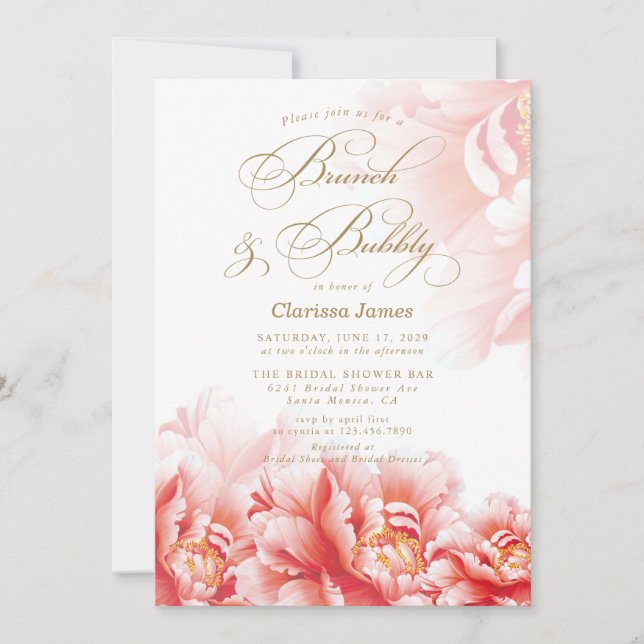 Elegant Blush Floral Bridal Shower Brunch & Bubbly Invitation (Front)