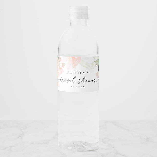 Elegant Blush Floral Bridal Shower Favors Water Bottle Label (Front)