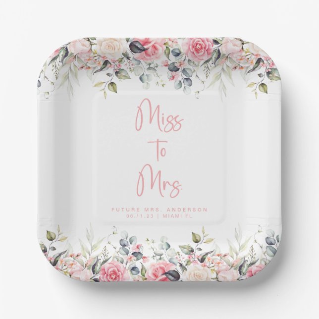 Elegant Blush Floral Bridal Shower Paper Plates (Front)