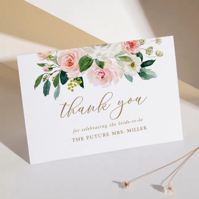 Elegant Blush Floral Bridal Shower Thank You Card 