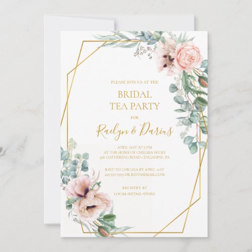 Elegant Blush Floral  Bridal Tea Party Invitation