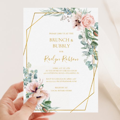 Elegant Blush Floral  Brunch and Bubbly Shower Invitation