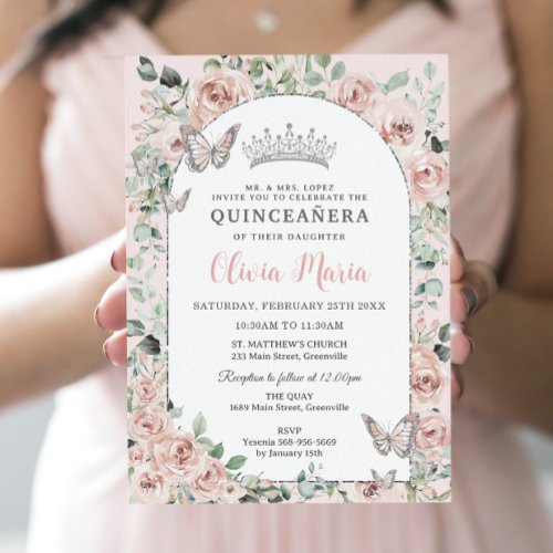 Elegant Blush Floral Butterflies Arch Quinceaera Invitation