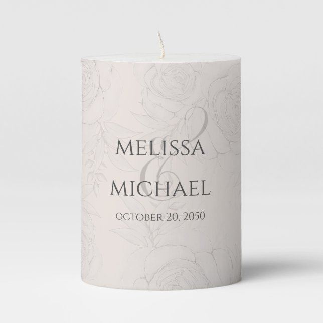 Elegant Blush Floral Calligraphy Script Ampersand Pillar Candle (Front)
