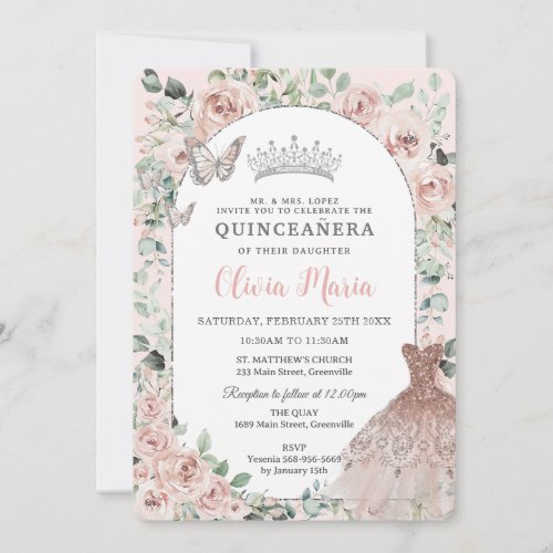 Elegant Blush Floral Dress Silver Quinceaera Invitation