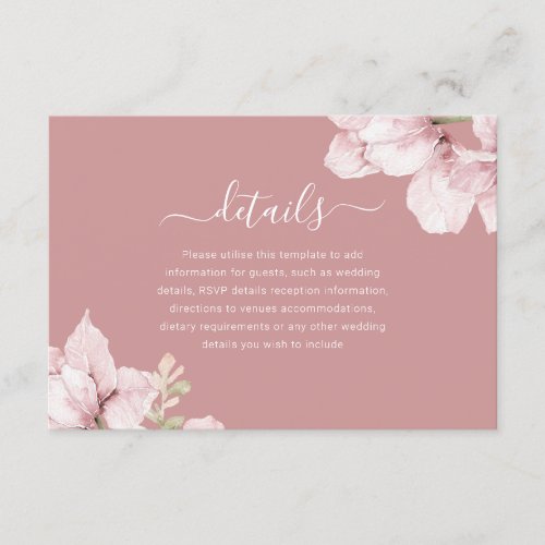 Elegant Blush Floral Dusty Rose Wedding Details Enclosure Card