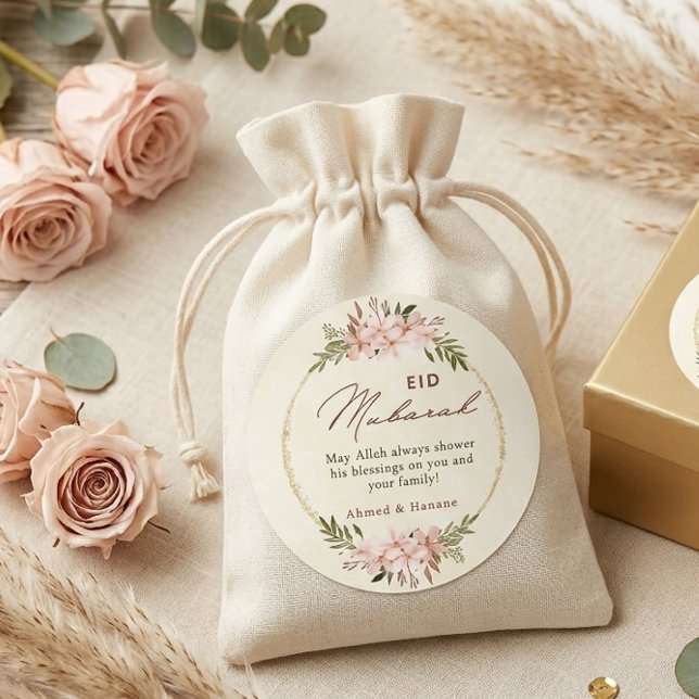 Elegant Blush Floral Eid Mubarak Round Sticker (Creator Uploaded)